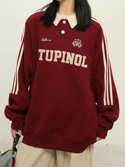 Letter Embroidered Piping Lapel Neck Sweatshirt