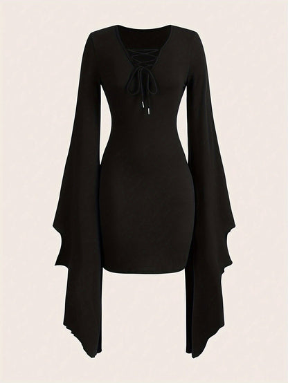 V Neck Asymmetrical Lace Dress Lace Up V Neck Asymmetrical Dress, Y2K Long Sleeve Dress For & Fall, Clothing