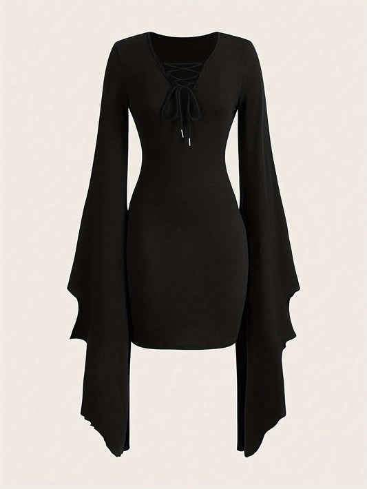 V Neck Asymmetrical Lace Dress Lace Up V Neck Asymmetrical Dress, Y2K Long Sleeve Dress For & Fall, Clothing
