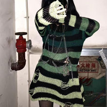 Goth Striped Ripped Long Sleeve Knitted Sweater