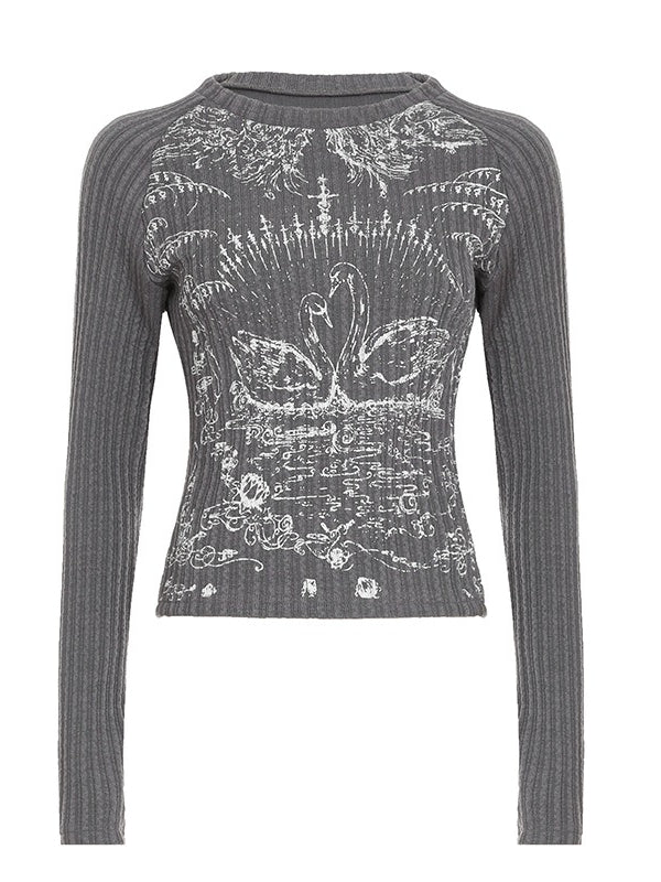 Rib Raglan Retro Swan Print Crew Neck Long Sleeve T-shirt