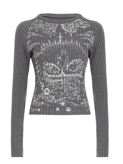 Rib Raglan Retro Swan Print Crew Neck Long Sleeve T-shirt