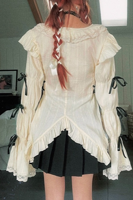 Lace Trim Embroidered Bow Detail Blouse