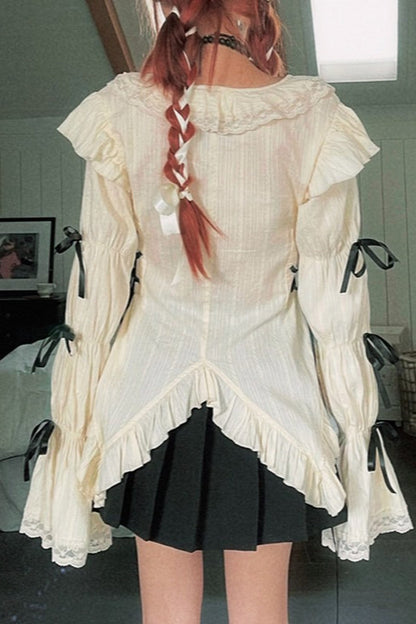 Lace Trim Embroidered Bow Detail Blouse