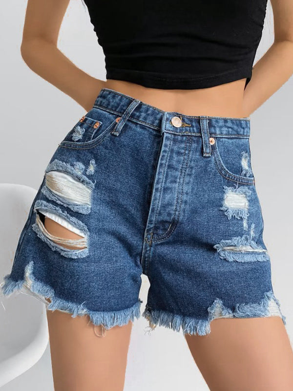 High Waist Ripped Burr Denim Shorts