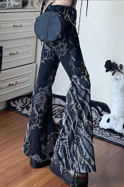 Retro Dragon Patchwork Flared Floor-Length Denim Pants