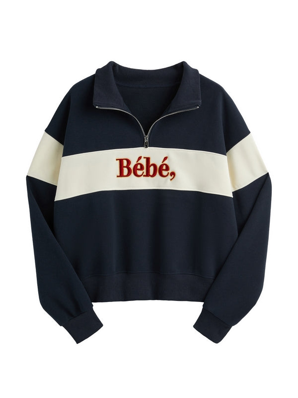 Color Block Splice Letter Embroidery Print Sweatshirt
