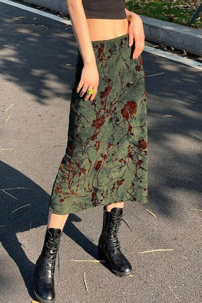 Floral Print Low Waist Color Block A-Line Skirt