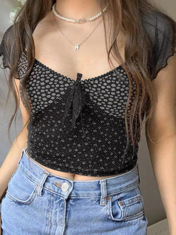 Ditsy Floral Print Mesh Splice Short Sleeve Tee