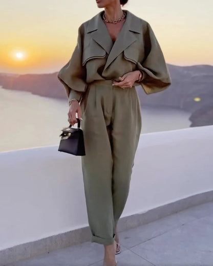 Conjunto de dos piezas de blazer holgado y pantalón largo para mujer | Ideal para primavera/verano