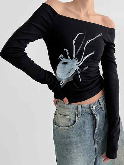 Spider Print Off Shoulder Slim Long Sleeve Tee