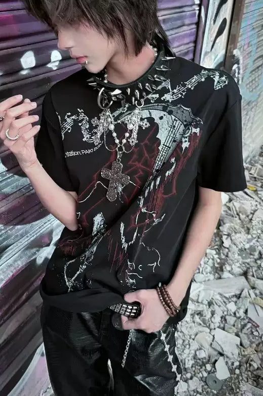 Dark Punk Alt-Girl Printed Silk Loose T-shirt