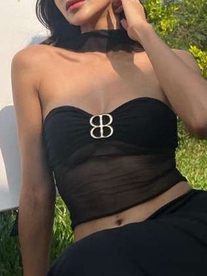 Low Cut Metal Decor Mesh Bandeau Top