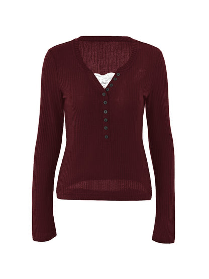 Lace Paneled Button Long Sleeve Knit Top