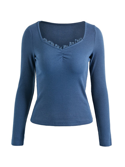 Lace Trim Black Long Sleeve Knit Top