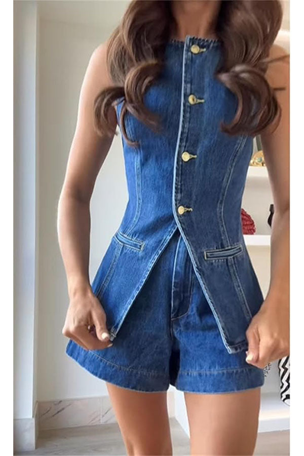 Abel Denim Button Up Princess Seams Pocket Vest Top
