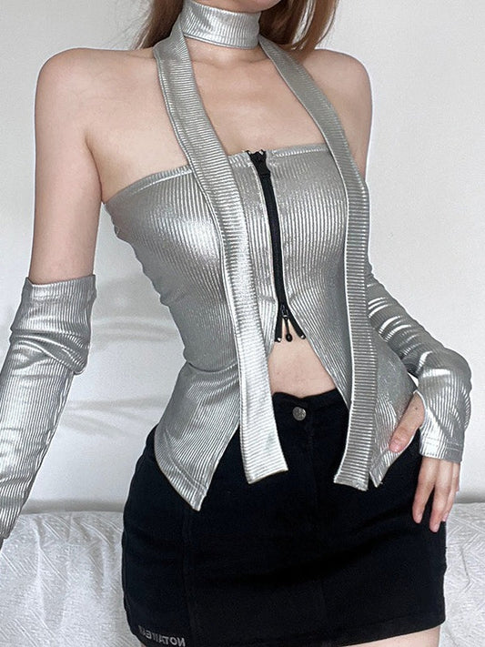 Cyber Sleeve Zip Up Crop Tank Top