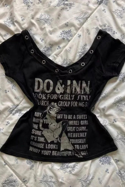 Punk Y2K Vintage Letter Print V-Neck T-shirt