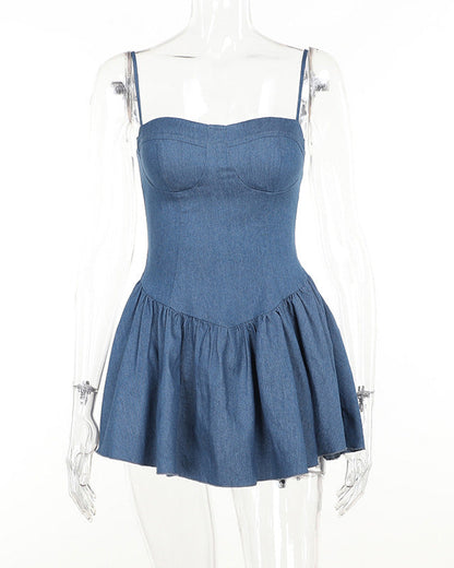 Strappy Tube Top Imitation Denim Dress Short Dress