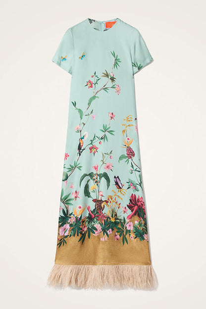 Mezcal Satin Floral Print Contrast Color Printed Short Sleeve Pocket Feather Trim Maxi Dress