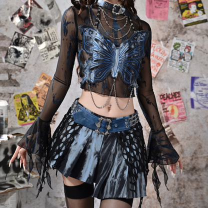 Pleated irregular A line denim metal chain mini skirt  | Festival Outfits Women