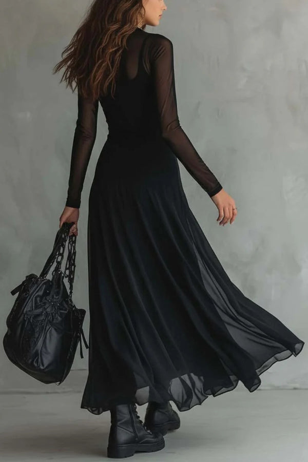 Fashionable Mesh-paneled Long-sleeved Slim-fit Maxi Dress