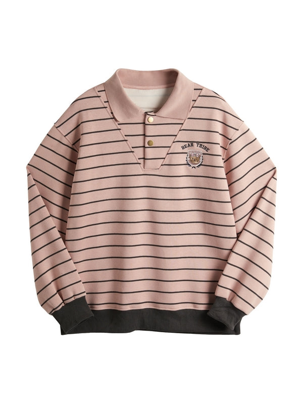 Stripe Print Bear Embroidery Shirt Neck Oversized Hoodie