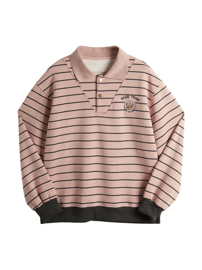 Stripe Print Bear Embroidery Shirt Neck Oversized Hoodie