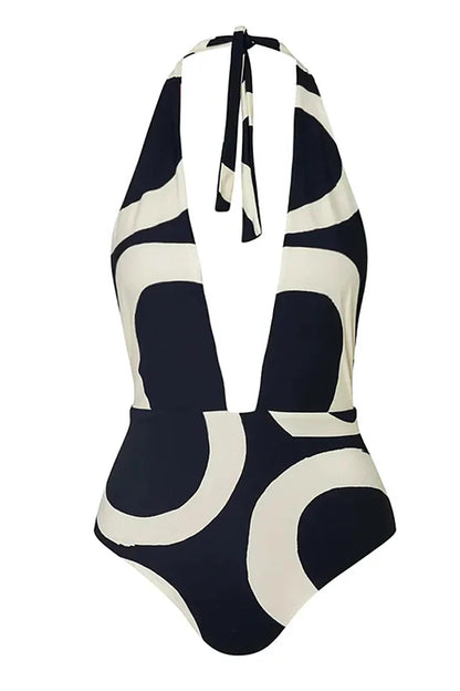 Traje de baño de una pieza con cintura alta y cuello halter con bloques de color