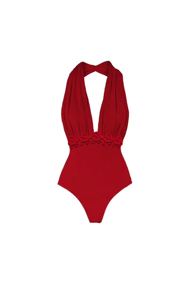 Conjunto de traje de baño de una pieza liso con cuello halter y escote en V profundo