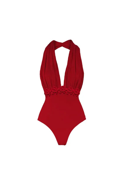 Conjunto de traje de baño de una pieza liso con cuello halter y escote en V profundo