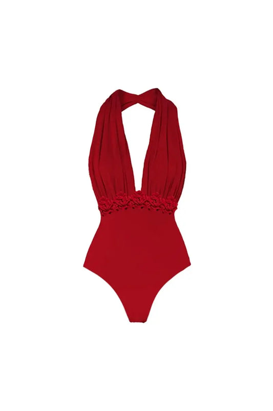 Conjunto de traje de baño de una pieza liso con cuello halter y escote en V profundo