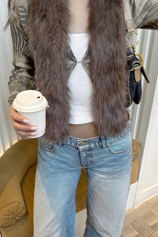 Retro Trendy Y2K Fuzzy Paneled Versatile Knit Cardigan