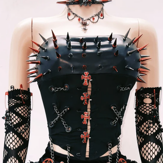 Metal chain rivet applique lace up tube top  | Festival Outfits Women