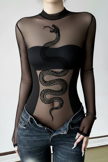 Sheer Dark Snake Print Bodysuit Mesh Top