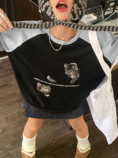 Cat Print Raglan Fleece Oversized Hoodie