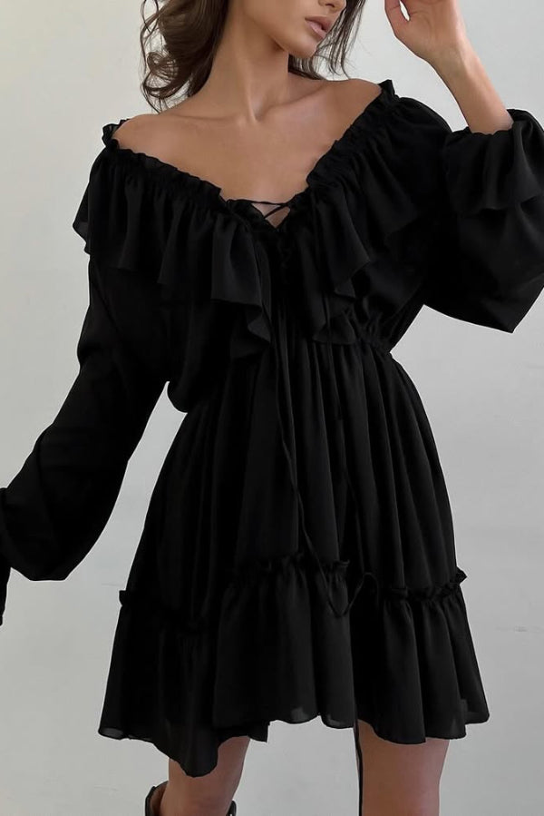 Solid Color V-neck Ruffled Ruched Long-sleeved Vacation Mini Dress