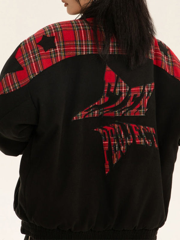 Vintage Plaid Star Splice Lapel Neck Jacket