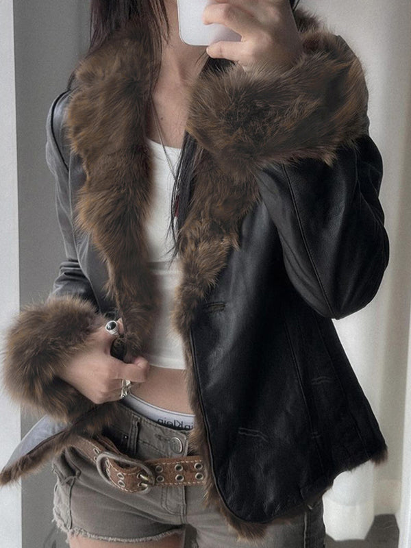 American Style Fur Collar Patchwork Leather Jacket