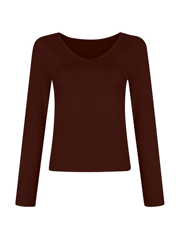 Solid V Neck Slim Long Sleeve Tee