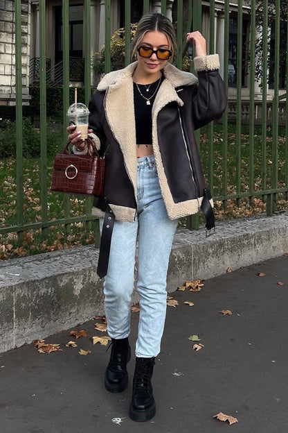 Multi-Zip Faux Shearling Longline Jacket