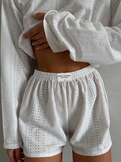 Solid Cutout Loose Long Sleeve Tee & Shorts Set