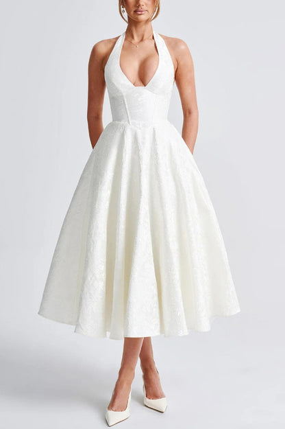 Stylish Jacquard Halter Neck Fitted Waist Open Back Elegant Midi Dress