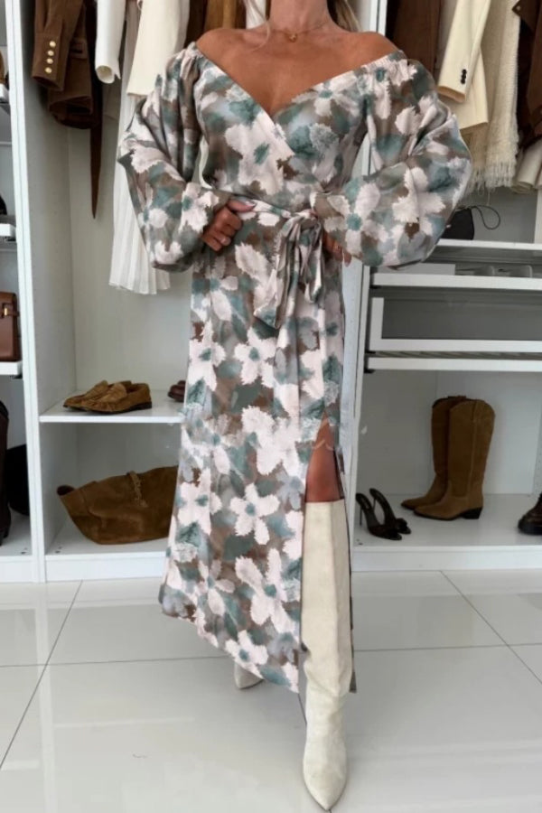Unique Printed V-neck Long-sleeved Waist Tie Slit Maxi Dress