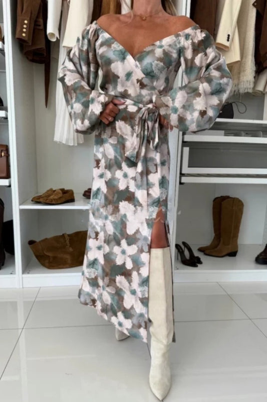 Unique Printed V-neck Long-sleeved Waist Tie Slit Maxi Dress