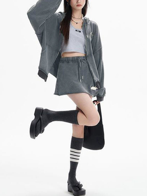 Distressed Washed Double Zip Hoodie & Frayed Hem Skirt Set