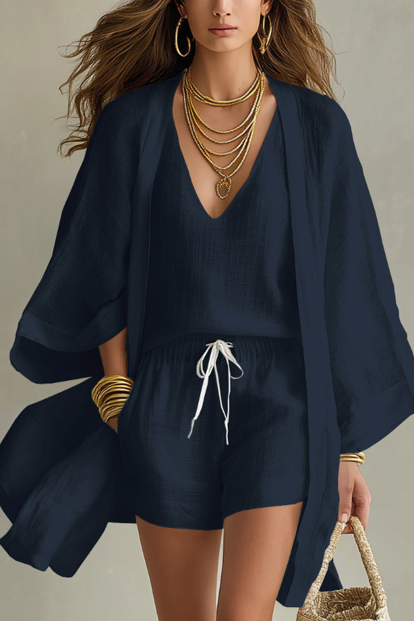 Linen Blend Solid Color V-neck Vest Loose Cardigan and Elastic Waist Pocket Casual Shorts Three-piece Set