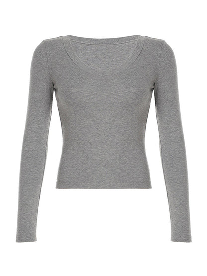 Gray 2000s Low Cut Long Sleeves Tee