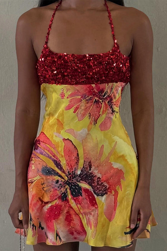 Aura Sequined Halter Backless Blossom Mini Dress