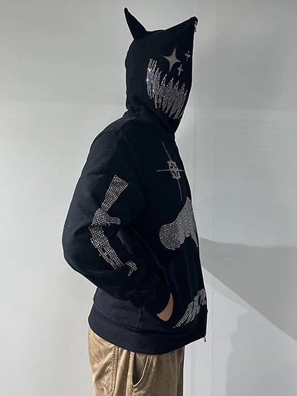 Rhinestone Hooded Loose Zipper Cardigan Hoodie